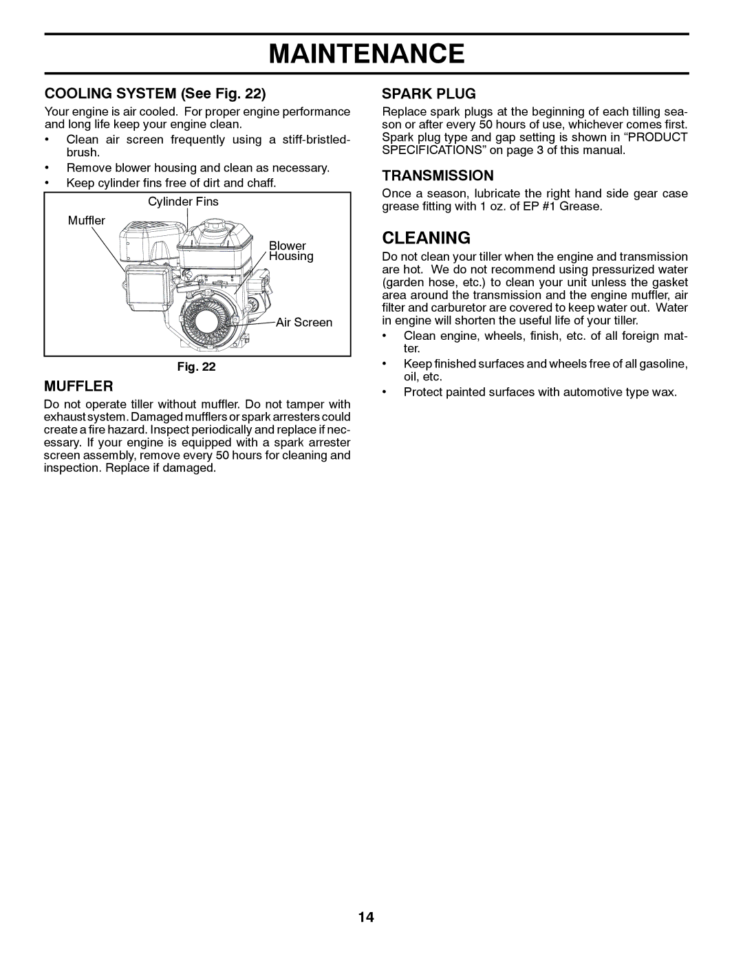 Husqvarna DRT900E owner manual Cleaning, Cooling System See Fig, Muffler, Spark Plug, Transmission 