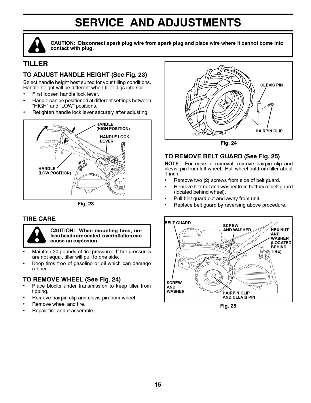 Husqvarna DRT900E owner manual Service and Adjustments, Tiller, Tire Care 