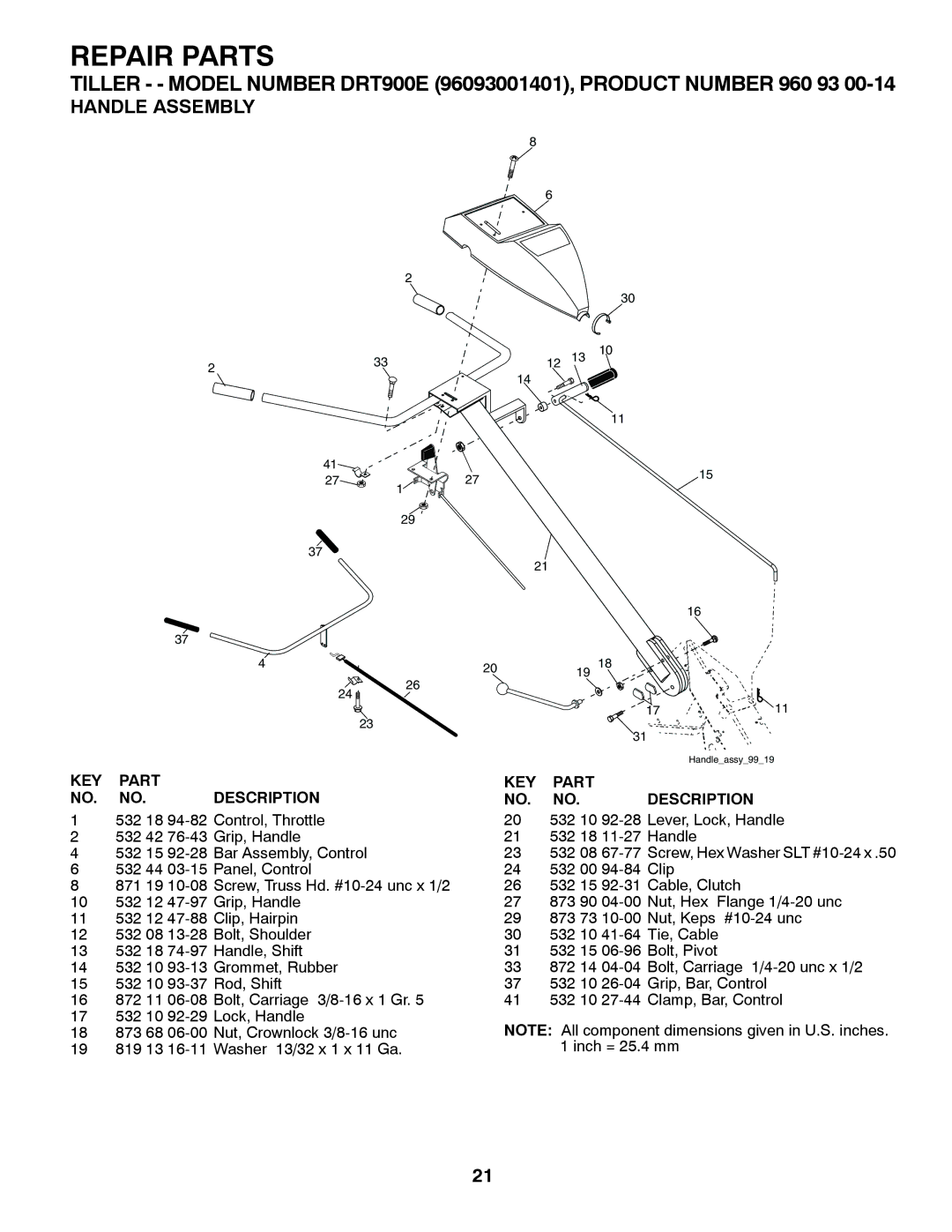 Husqvarna DRT900E owner manual Repair Parts, Handle Assembly 