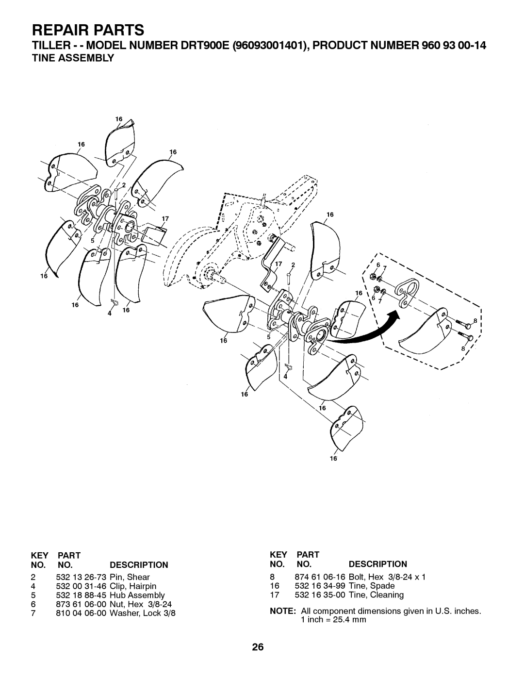 Husqvarna DRT900E owner manual Tine Assembly 