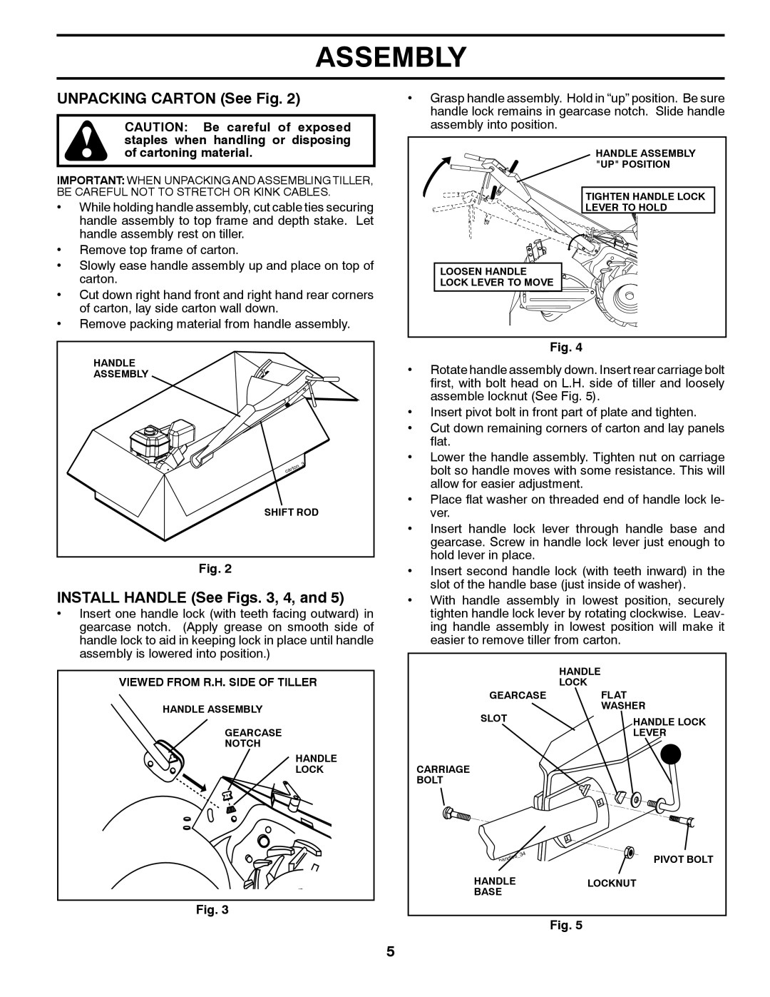 Husqvarna DRT900E owner manual Unpacking Carton See Fig, Install Handle See Figs , 4 