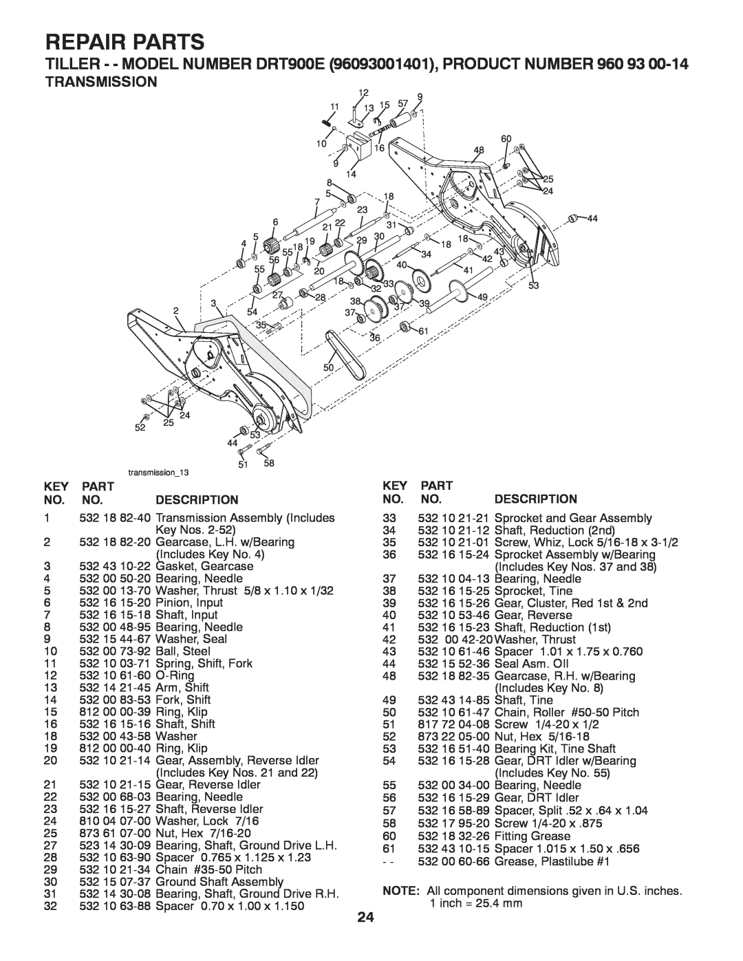 Husqvarna owner manual Repair Parts, TILLER - - MODEL NUMBER DRT900E 96093001401, PRODUCT NUMBER 960, Transmission 