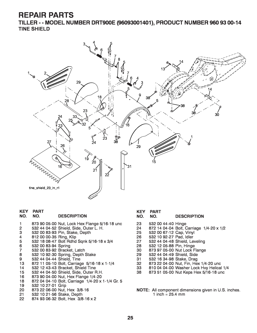Husqvarna Tine Shield, Repair Parts, TILLER - - MODEL NUMBER DRT900E 96093001401, PRODUCT NUMBER, Description 