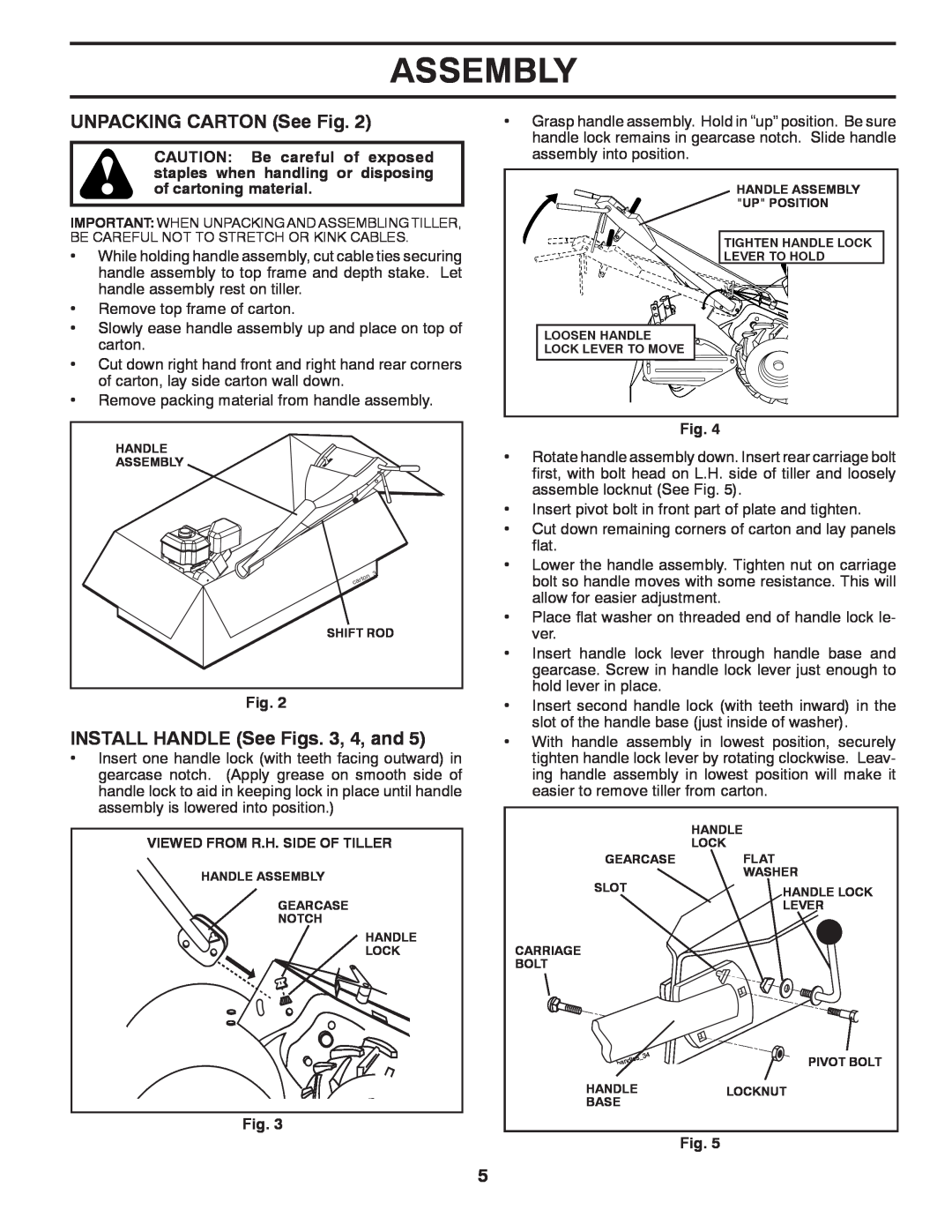 Husqvarna DRT900E owner manual UNPACKING CARTON See Fig, INSTALL HANDLE See Figs. 3, 4, and, Assembly 