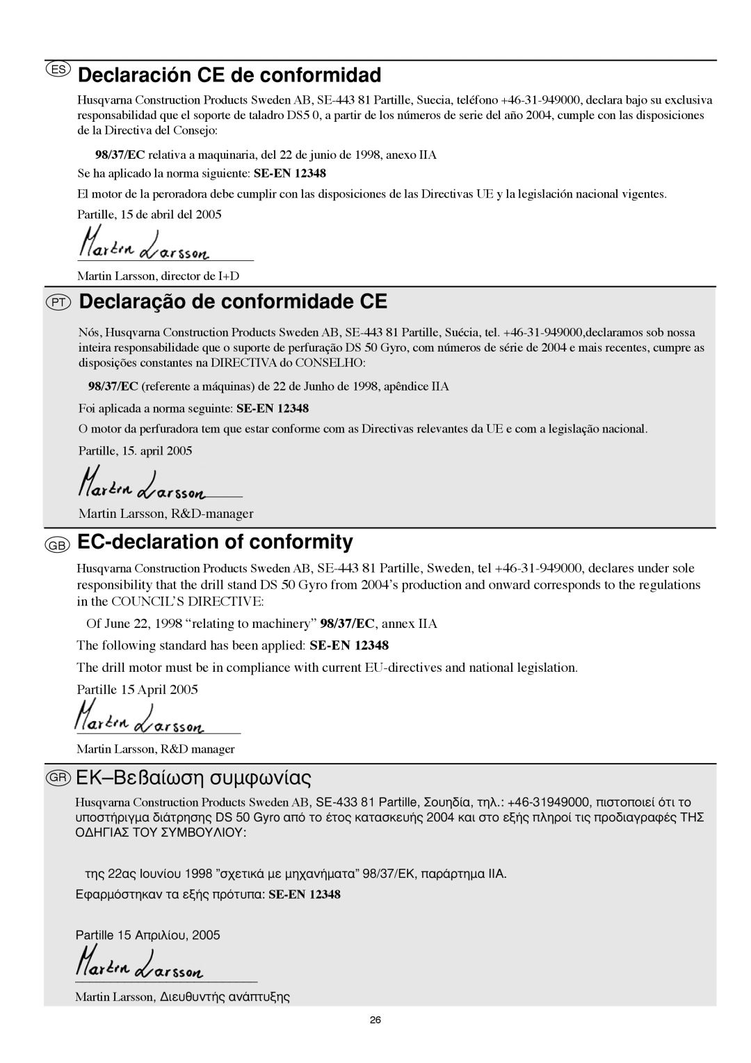 Husqvarna DS 50 ES Declaración CE de conformidad, PT Declaração de conformidade CE, GB EC-declaration of conformity 