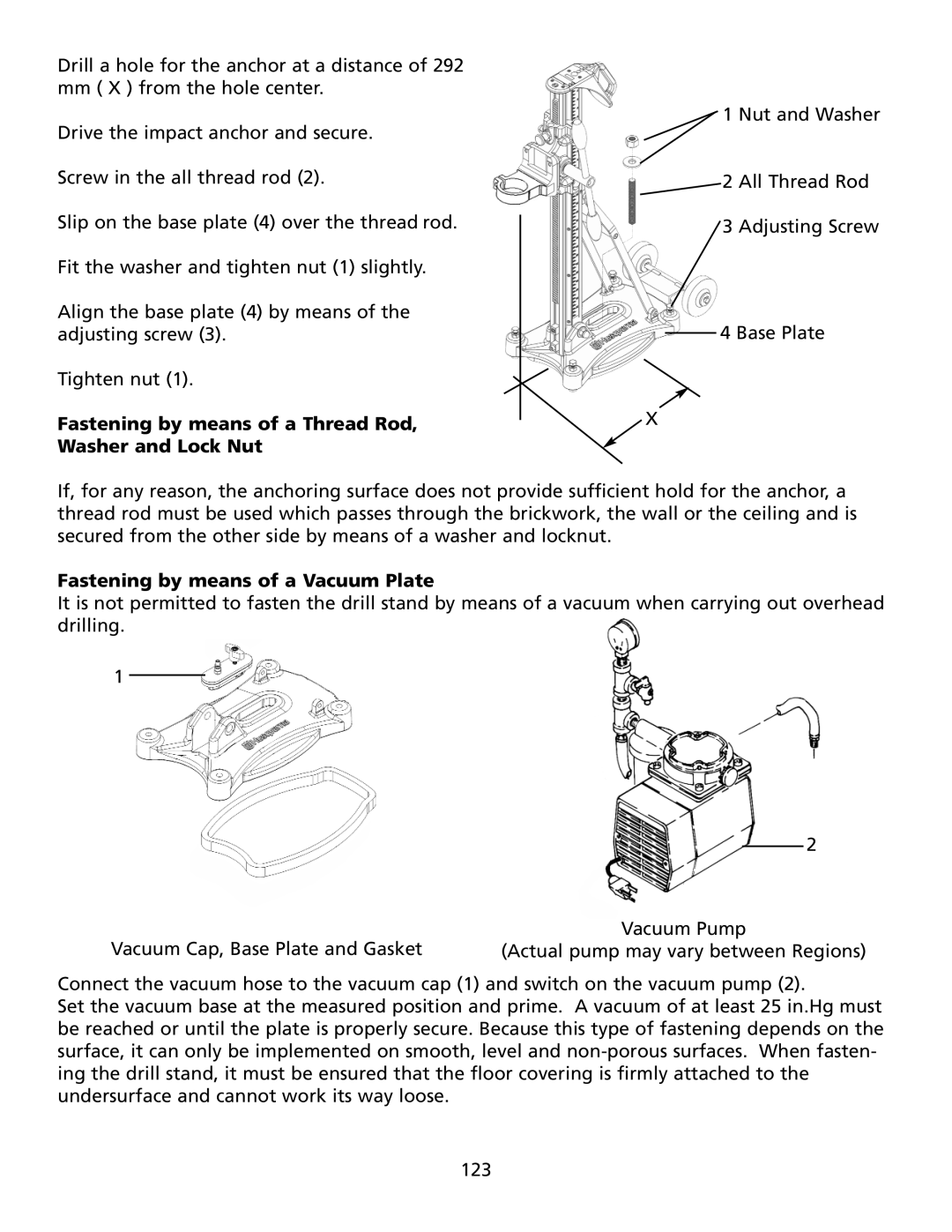 Husqvarna DS160C Fastening by means of a Thread Rod, Washer and Lock Nut, Fastening by means of a Vacuum Plate 