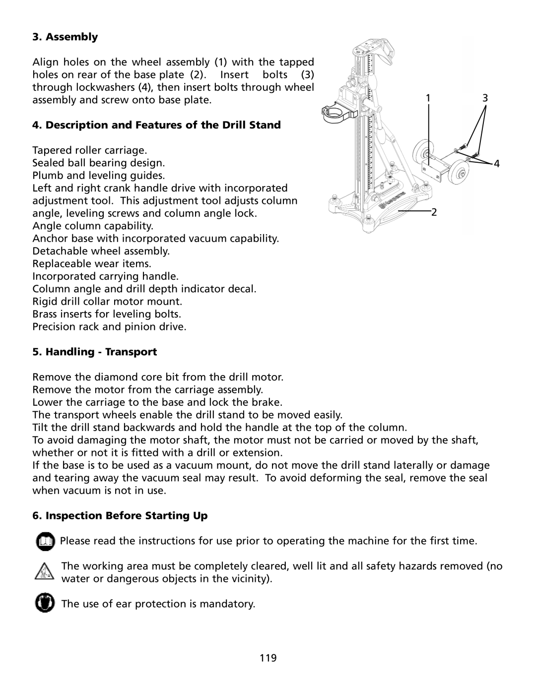 Husqvarna DS160C Assembly, Description and Features of the Drill Stand, Handling Transport, Inspection Before Starting Up 