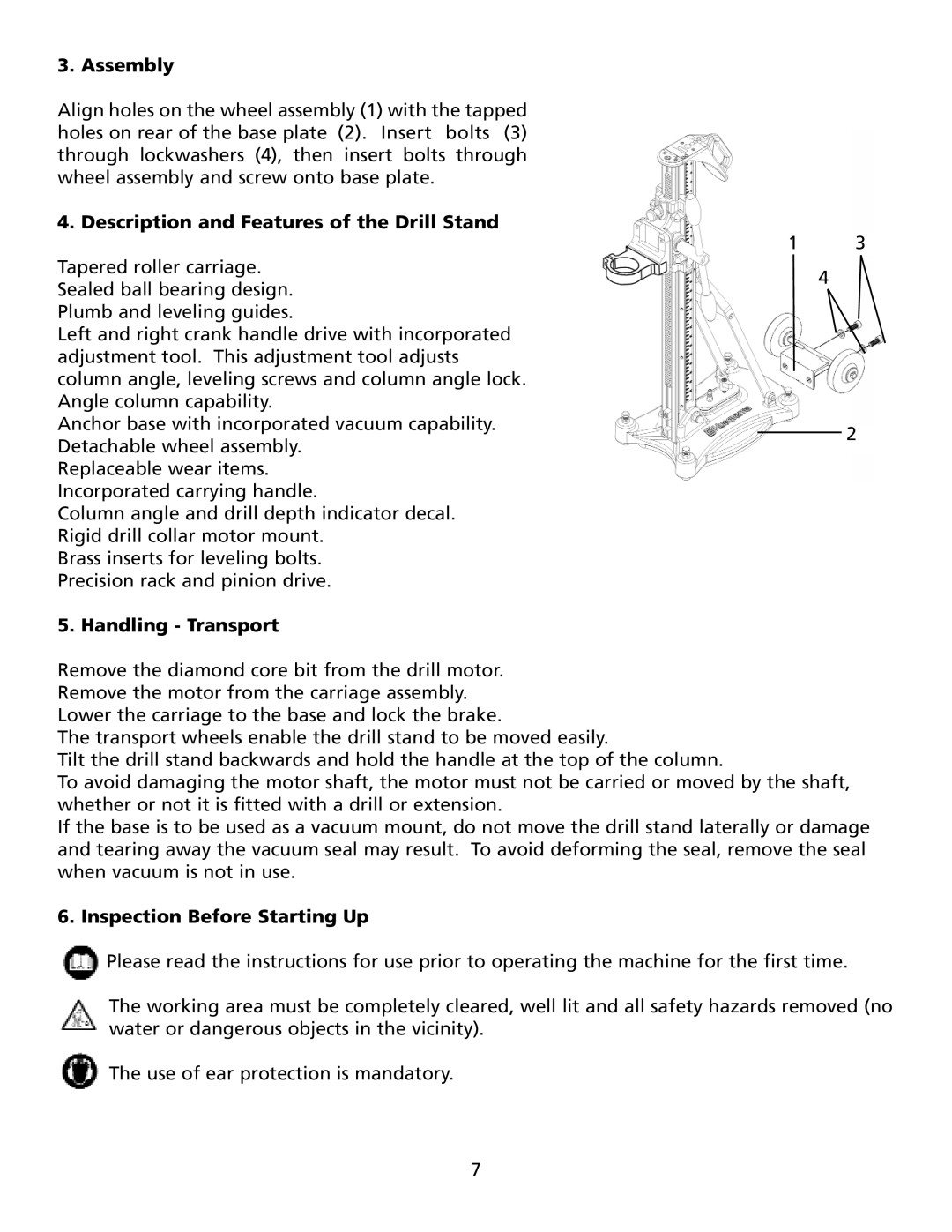 Husqvarna DS160C Assembly, Description and Features of the Drill Stand, Handling Transport, Inspection Before Starting Up 