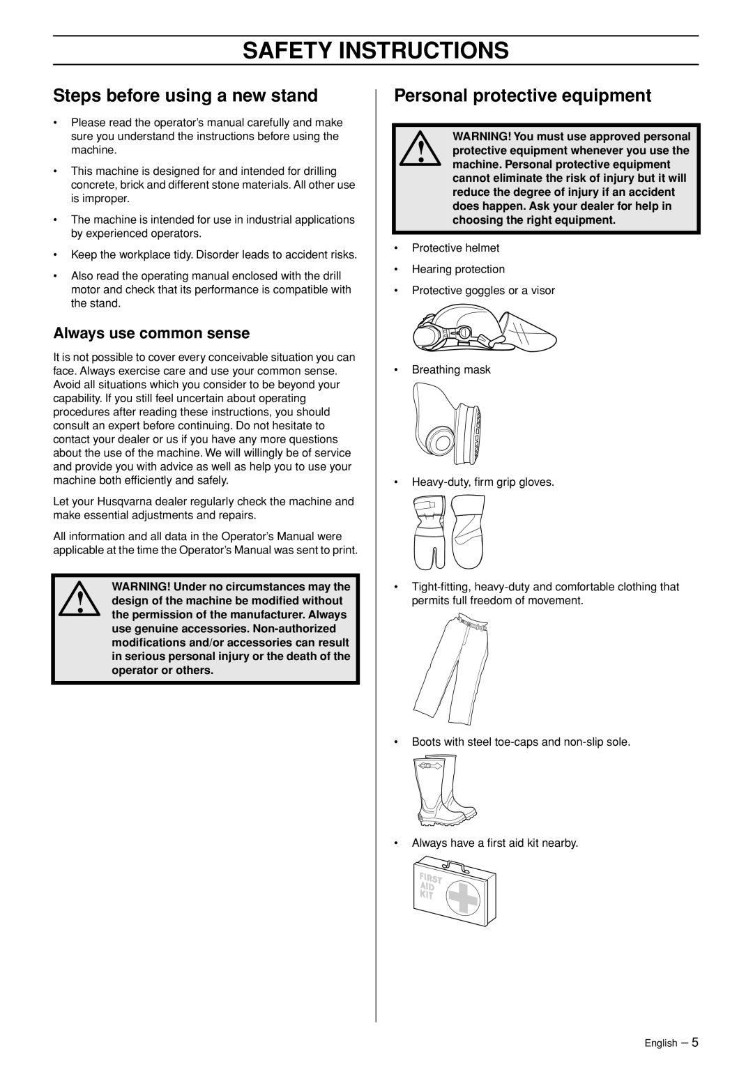 Husqvarna DS70 Safety Instructions, Steps before using a new stand, Personal protective equipment, Always use common sense 