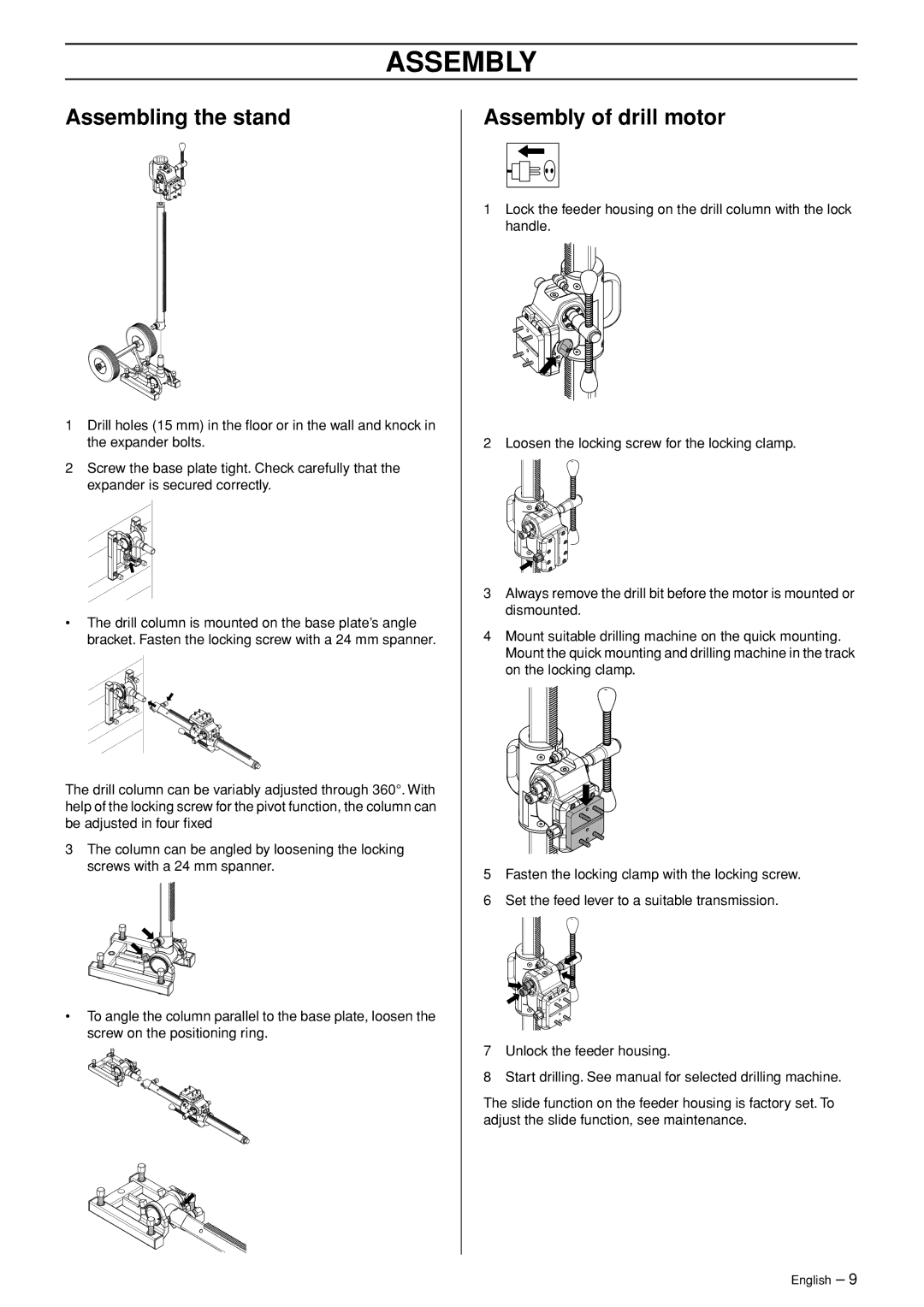 Husqvarna DS70, DS50 manuel dutilisation Assembling the stand, Assembly of drill motor 