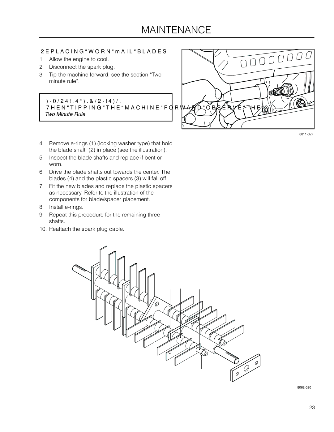 Husqvarna 966067801, DT18BF manual Replacing worn flail blades, When tipping the machine forward observe the Two Minute Rule 