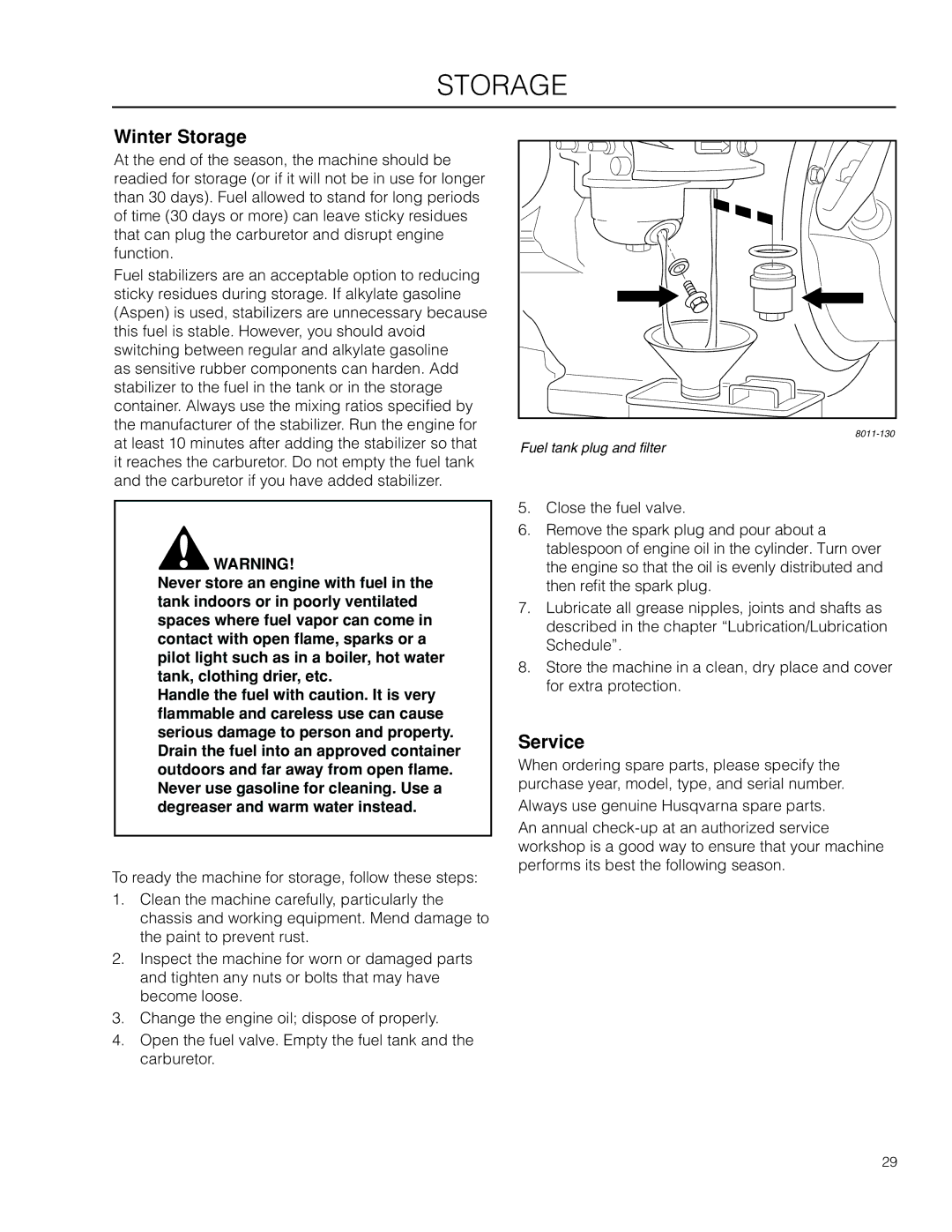 Husqvarna 966067201, DT18BF, SD22B5DSA, 966067101, DTF6(BF), 966067001, DTF226, 966067801 manual Winter Storage, Service 