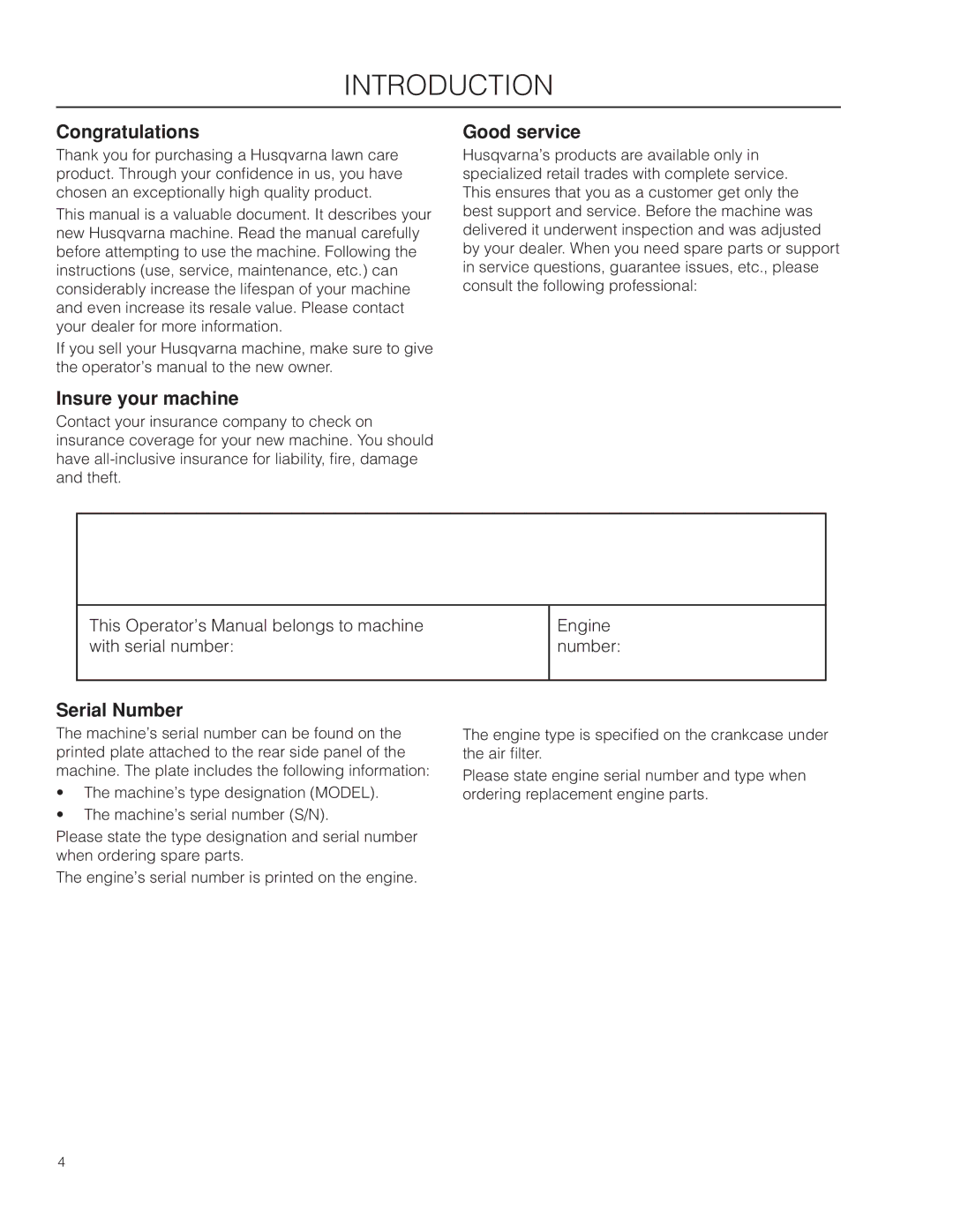 Husqvarna 966067001, DT18BF, SD22B5DSA manual Introduction, Congratulations, Insure your machine, Good service, Serial Number 