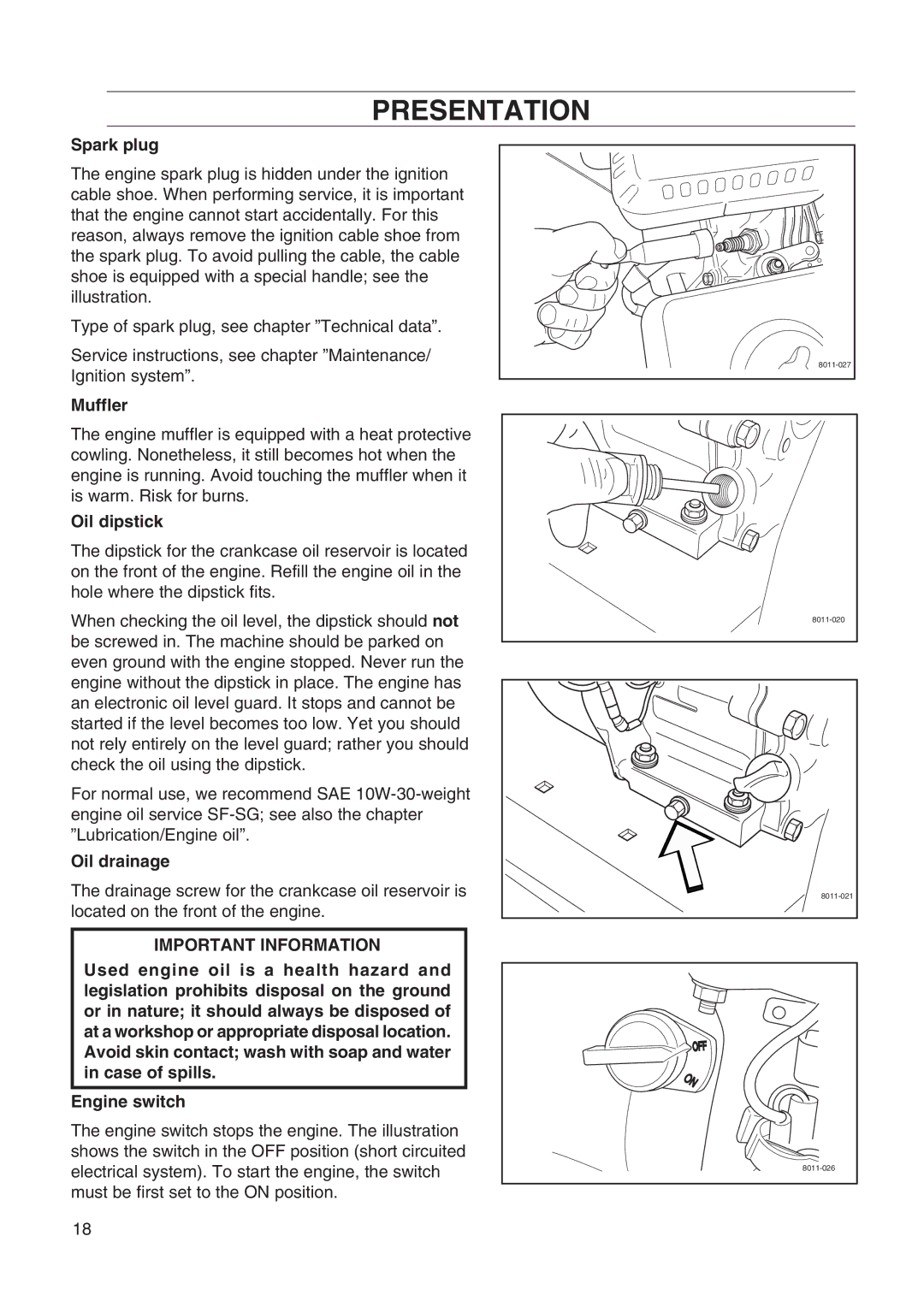 Husqvarna DT22 manual Spark plug, Muffler, Oil dipstick, Oil drainage 