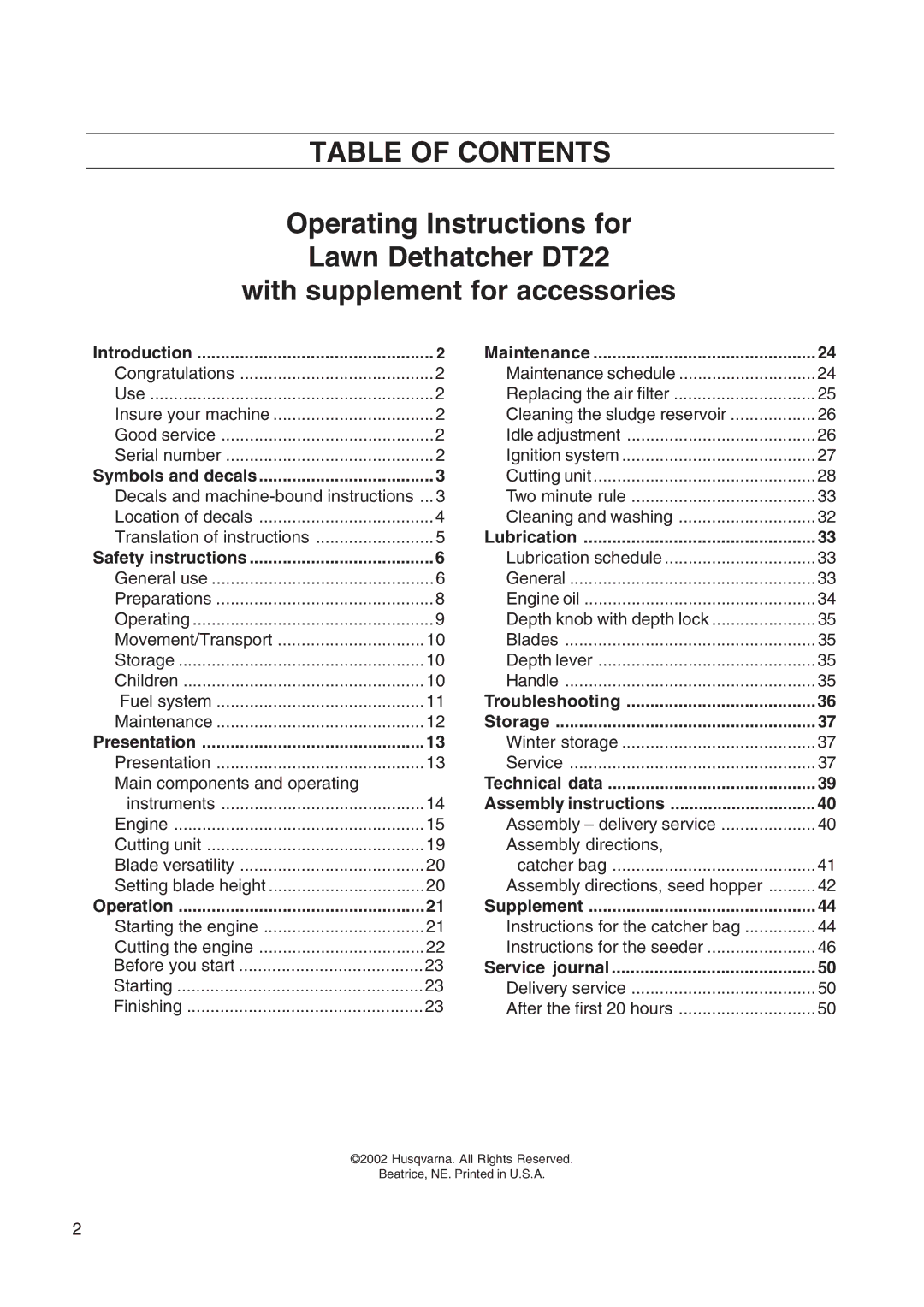 Husqvarna DT22 manual Table of Contents 