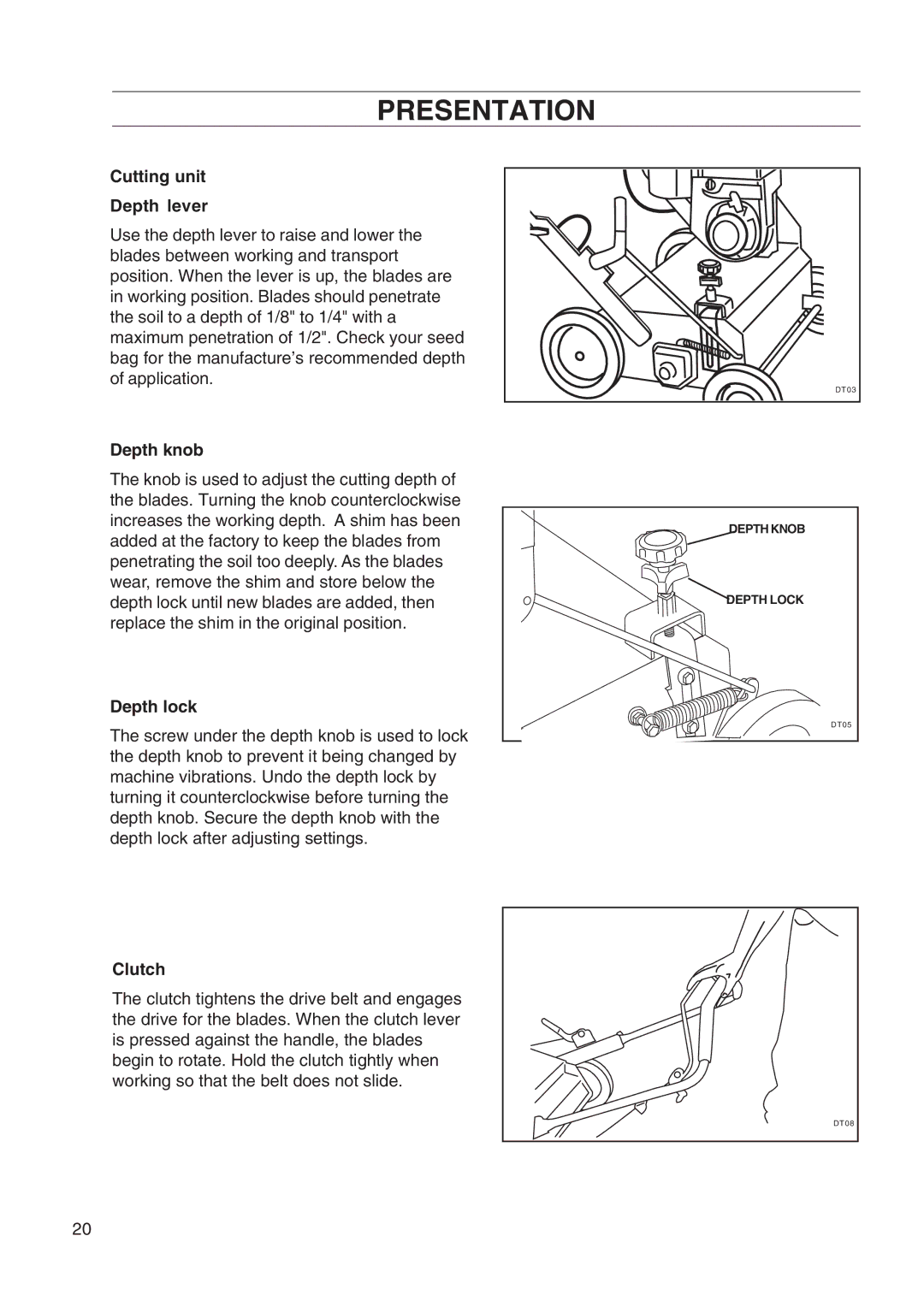 Husqvarna DT22 manual Cutting unit Depth lever, Depth knob, Depth lock, Clutch 