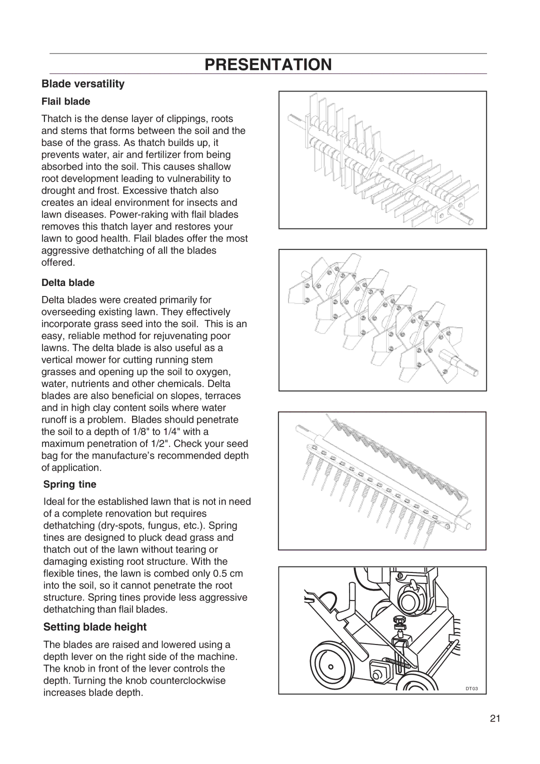 Husqvarna DT22 manual Blade versatility, Setting blade height, Flail blade, Delta blade, Spring tine 