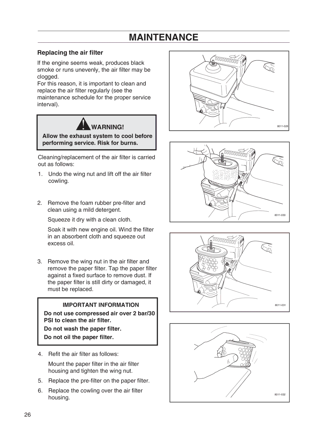 Husqvarna DT22 manual Replacing the air filter 