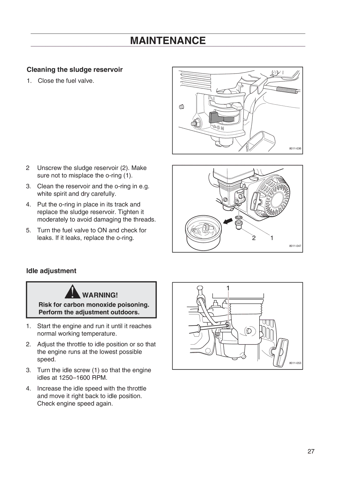 Husqvarna DT22 manual Cleaning the sludge reservoir, Idle adjustment 