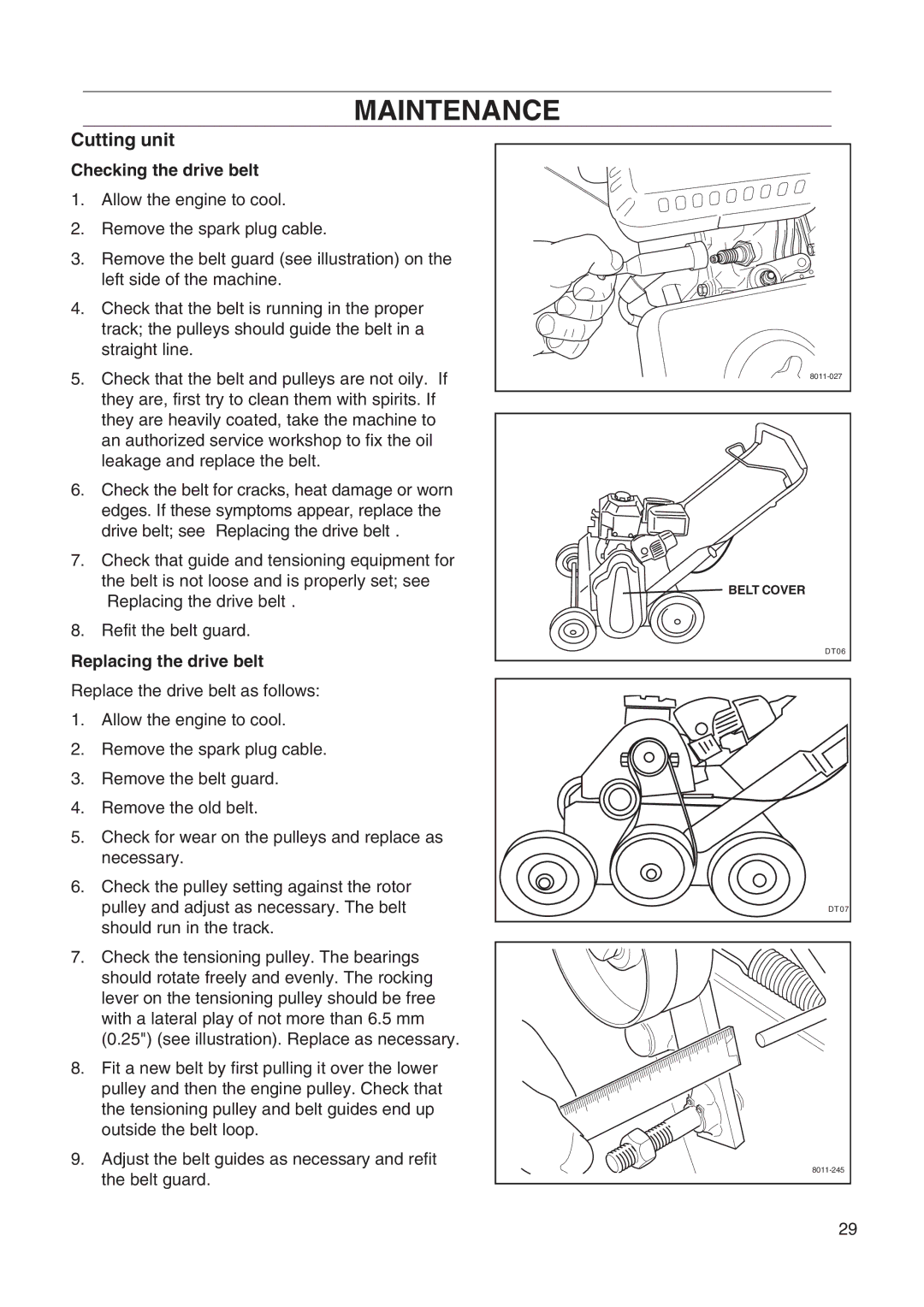 Husqvarna DT22 manual Cutting unit, Checking the drive belt, Replacing the drive belt 