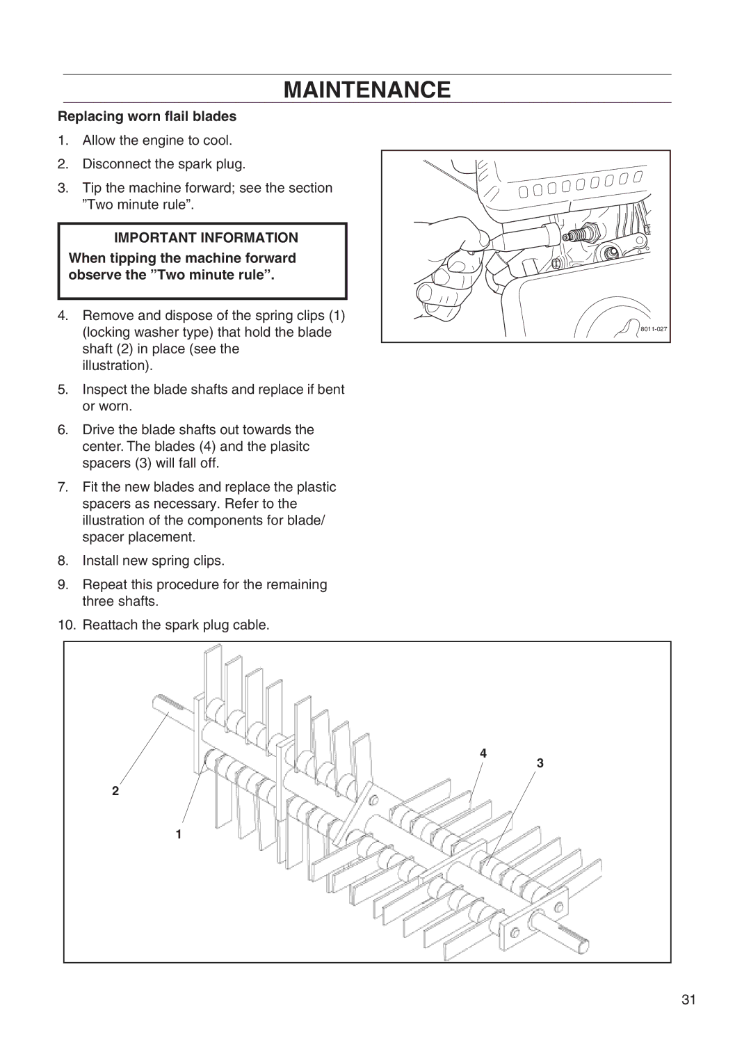 Husqvarna DT22 manual Replacing worn flail blades, When tipping the machine forward observe the Two minute rule 