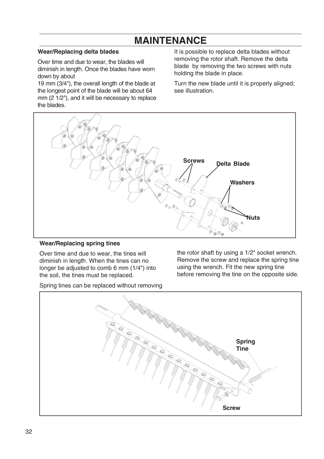 Husqvarna DT22 manual Wear/Replacing delta blades, Screws Delta Blade, Nuts Wear/Replacing spring tines, Spring Tine Screw 