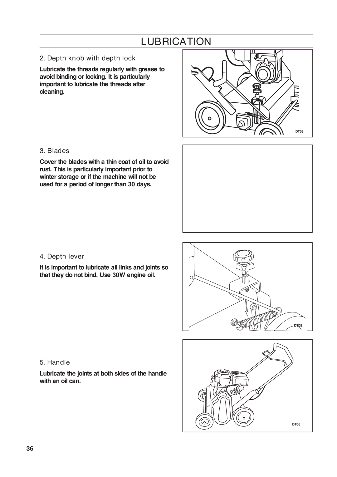 Husqvarna DT22 manual Depth knob with depth lock, Blades, Depth lever, Handle 