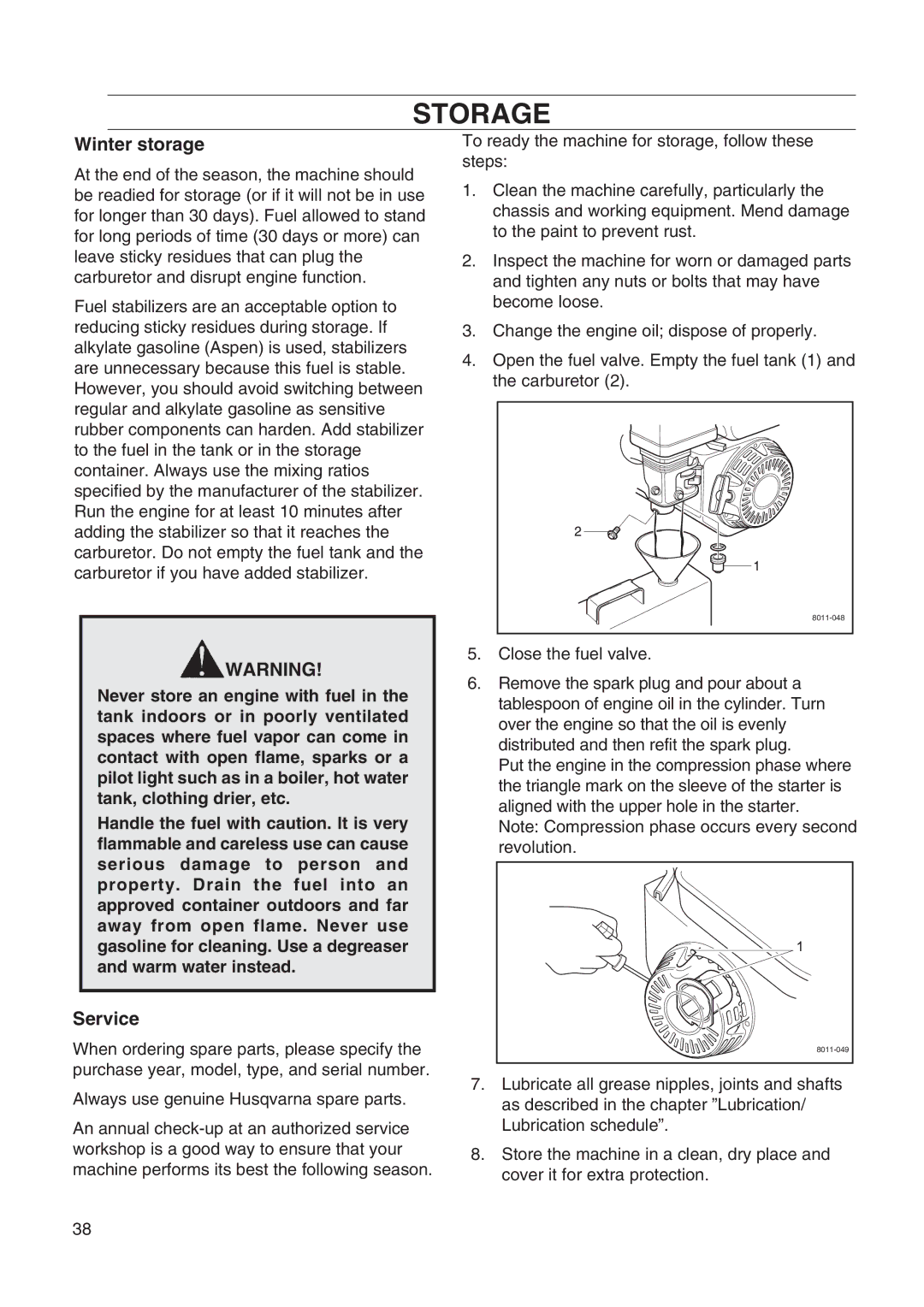 Husqvarna DT22 manual Storage, Winter storage, Service 