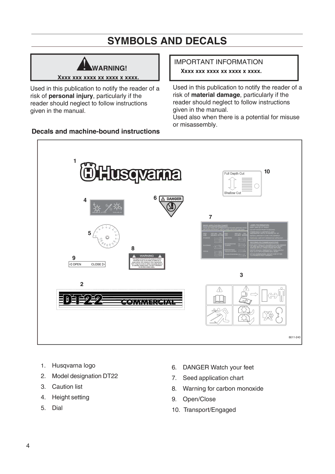 Husqvarna DT22 manual Symbols and Decals, Decals and machine-bound instructions 