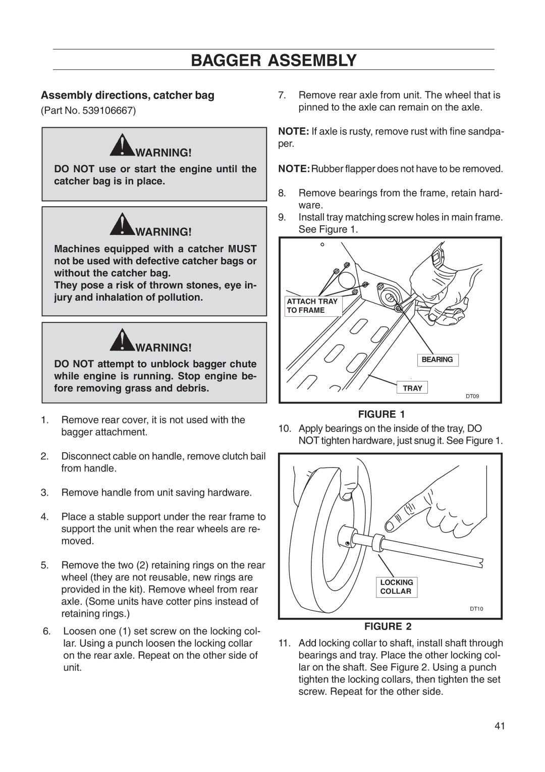 Husqvarna DT22 manual Bagger Assembly, Assembly directions, catcher bag 