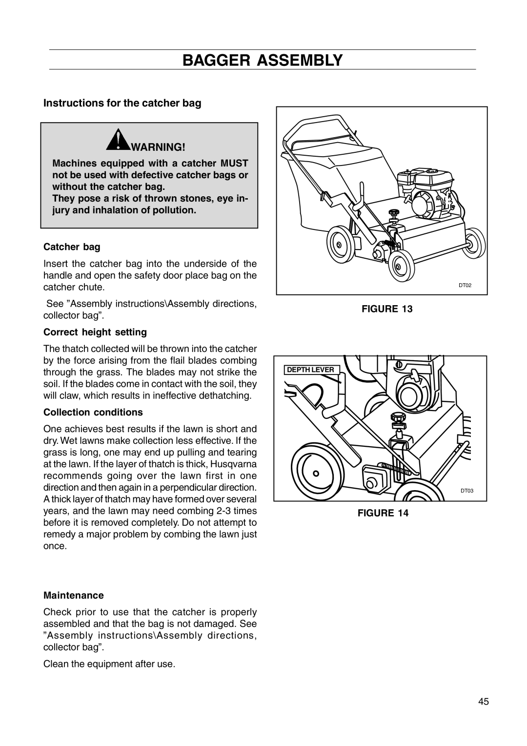 Husqvarna DT22 manual Instructions for the catcher bag, Correct height setting, Collection conditions 