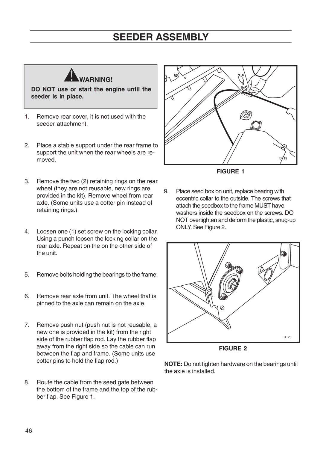 Husqvarna DT22 manual Seeder Assembly, Do not use or start the engine until the seeder is in place 