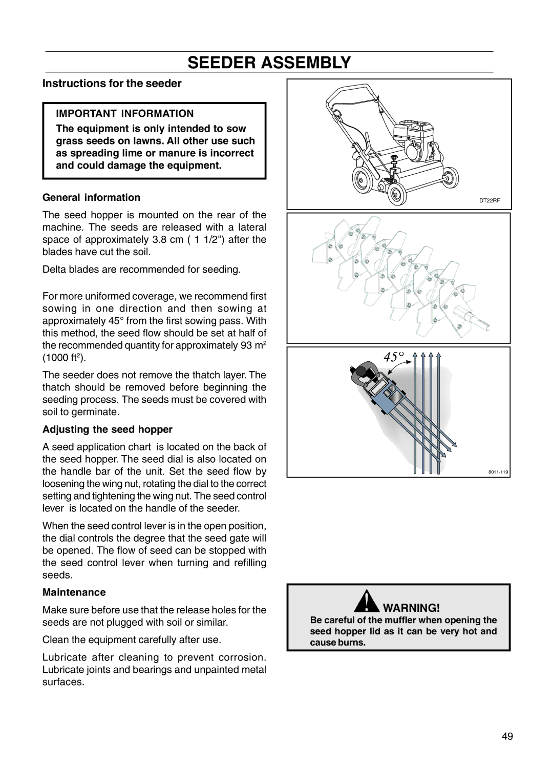 Husqvarna DT22 manual Instructions for the seeder, Adjusting the seed hopper 