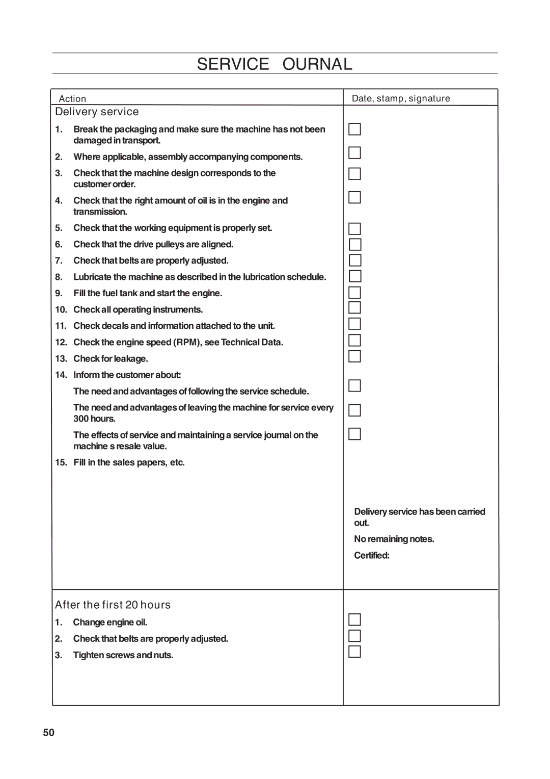 Husqvarna DT22 manual Service Journal, Delivery service, After the first 20 hours 