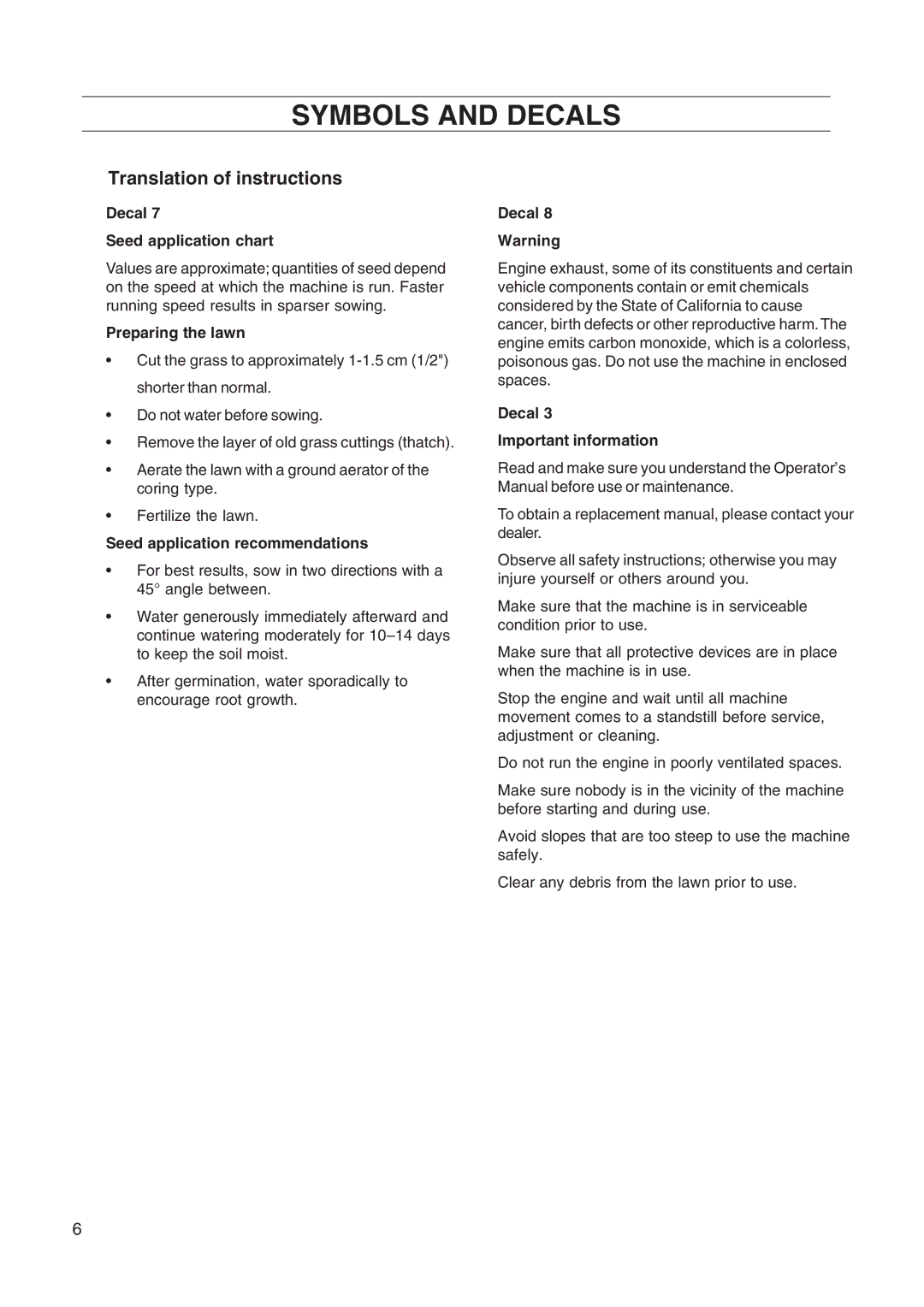 Husqvarna DT22 manual Translation of instructions, Decal Seed application chart 