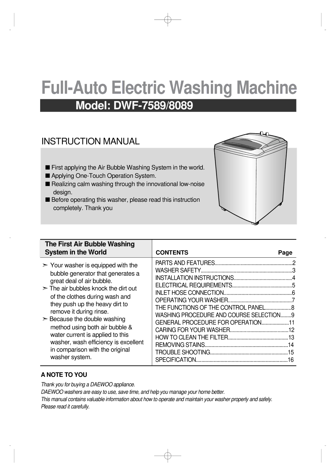 Husqvarna DWF-7589, DWF-8089 instruction manual Full-Auto Electric Washing Machine 