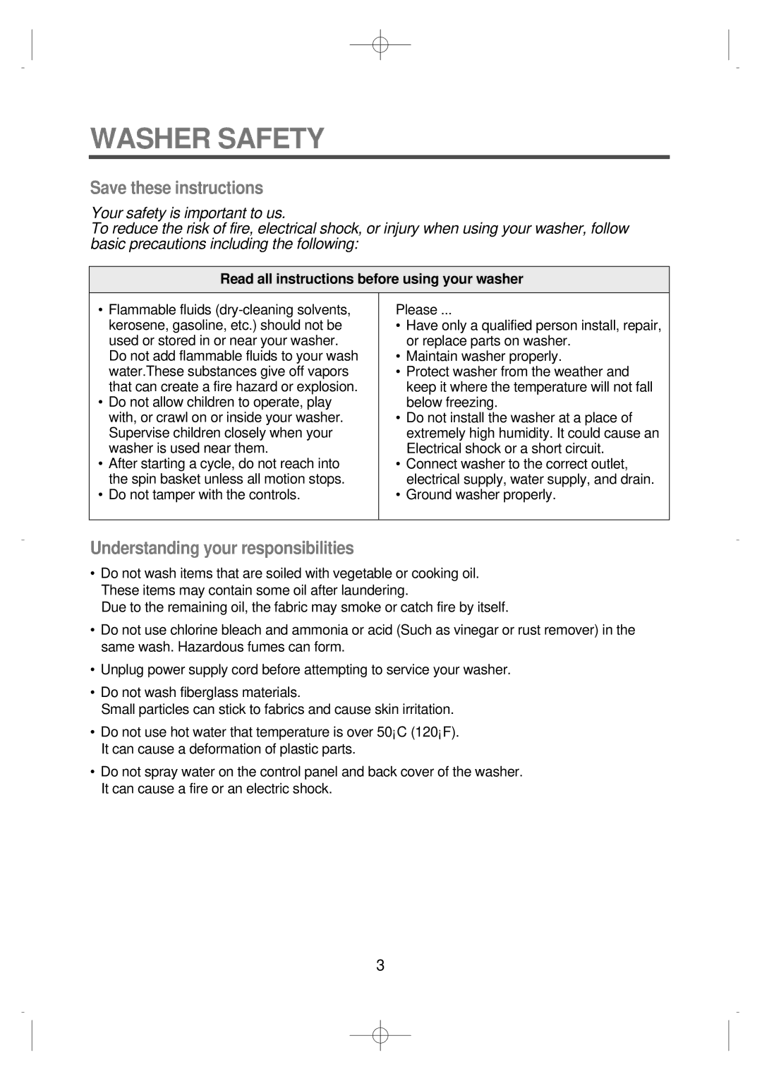 Husqvarna DWF-7589, DWF-8089 instruction manual Washer Safety, Read all instructions before using your washer 