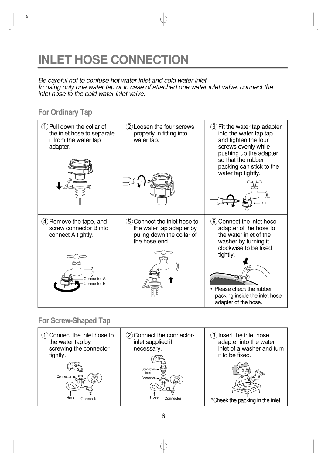 Husqvarna DWF-8089, DWF-7589 instruction manual Inlet Hose Connection, For Ordinary Tap 