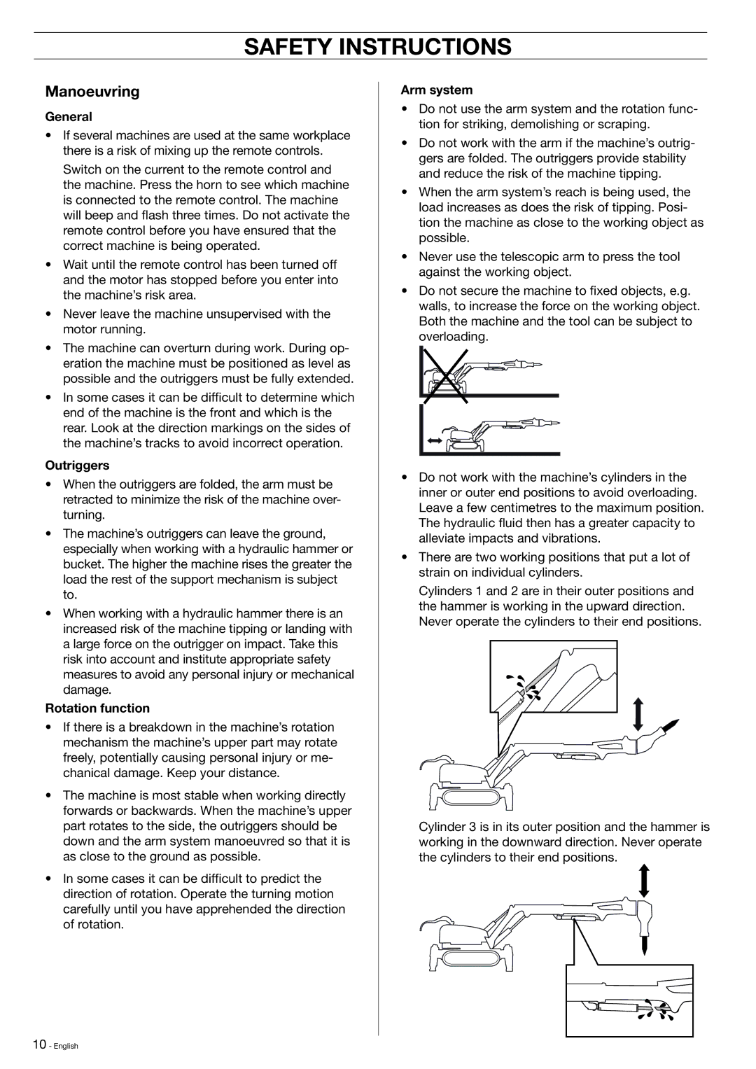 Husqvarna DXR-310 manual Manoeuvring, General, Outriggers, Rotation function, Arm system 