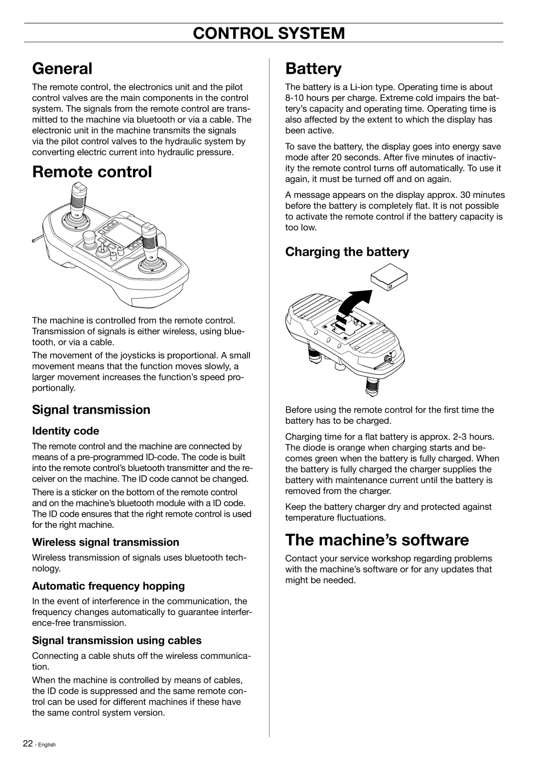 Husqvarna DXR-310 manual Control System, Remote control, Battery, Machine’s software 