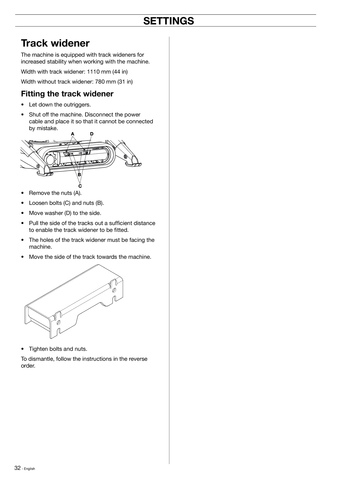 Husqvarna DXR-310 manual Settings, Track widener, Fitting the track widener 