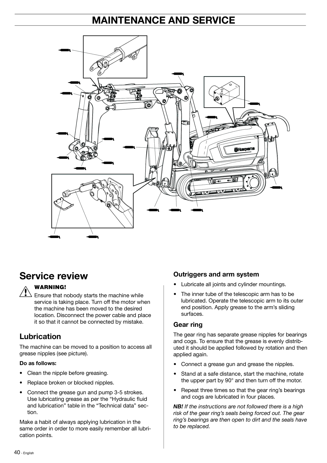 Husqvarna DXR-310 manual Service review, Lubrication, Outriggers and arm system, Gear ring, Do as follows 