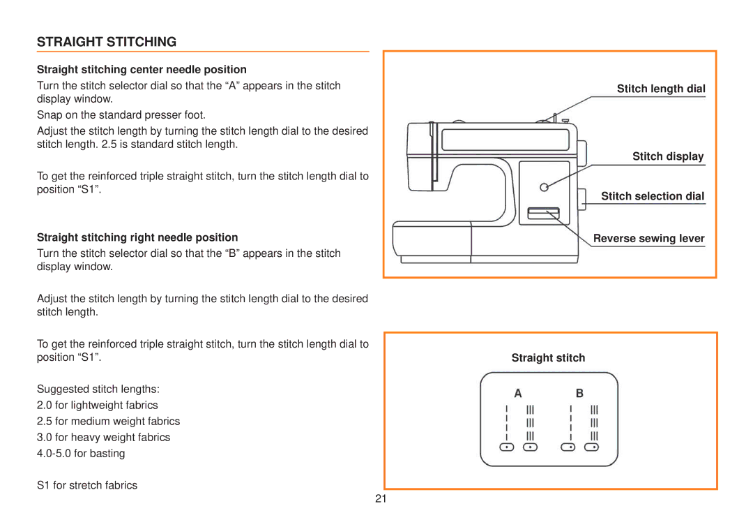 Husqvarna E10 Straight Stitching, Straight stitching center needle position, Straight stitching right needle position 