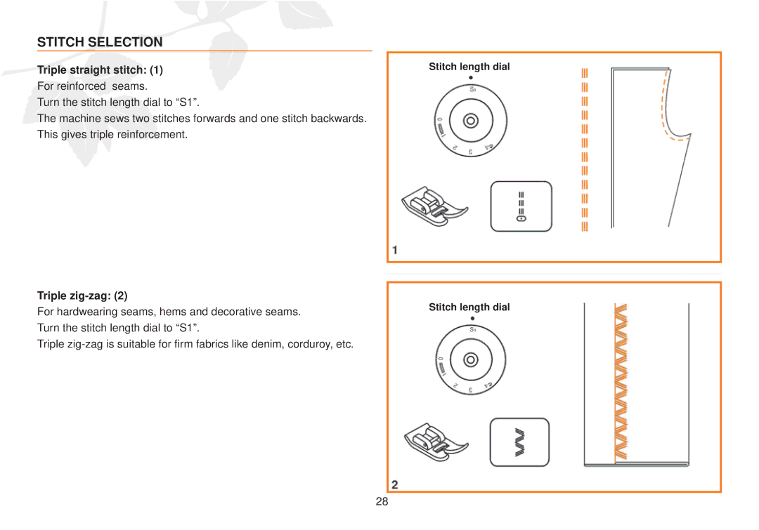 Husqvarna E10 manual Stitch Selection, Triple straight stitch, Triple zig-zag 