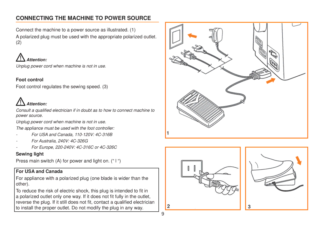 Husqvarna E10 manual Connecting the Machine to Power Source, Foot control, Sewing light, For USA and Canada 