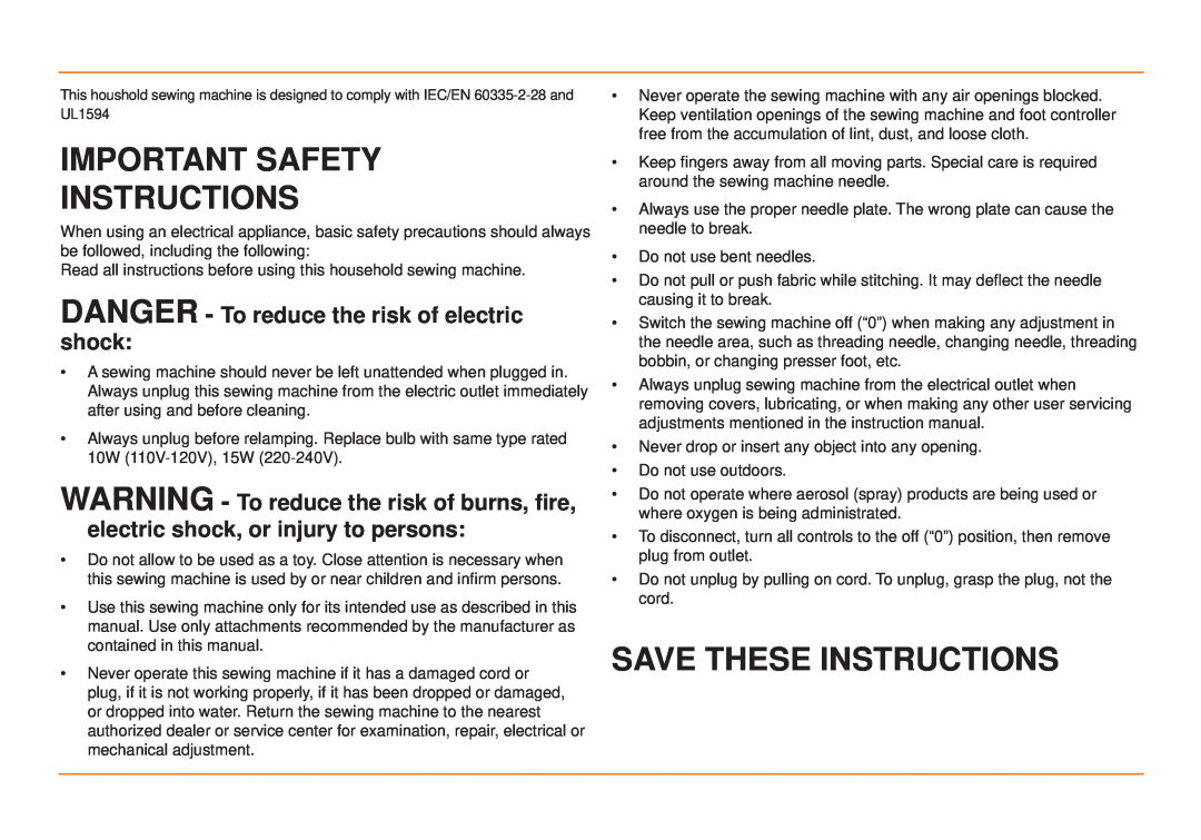 Husqvarna E10 manual Important Safety Instructions, Save These Instructions, DANGER - To reduce the risk of electric shock 