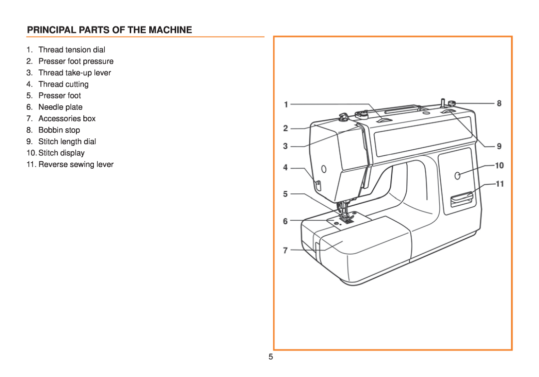 Husqvarna E10 manual Principal Parts Of The Machine, Thread tension dial 2. Presser foot pressure 