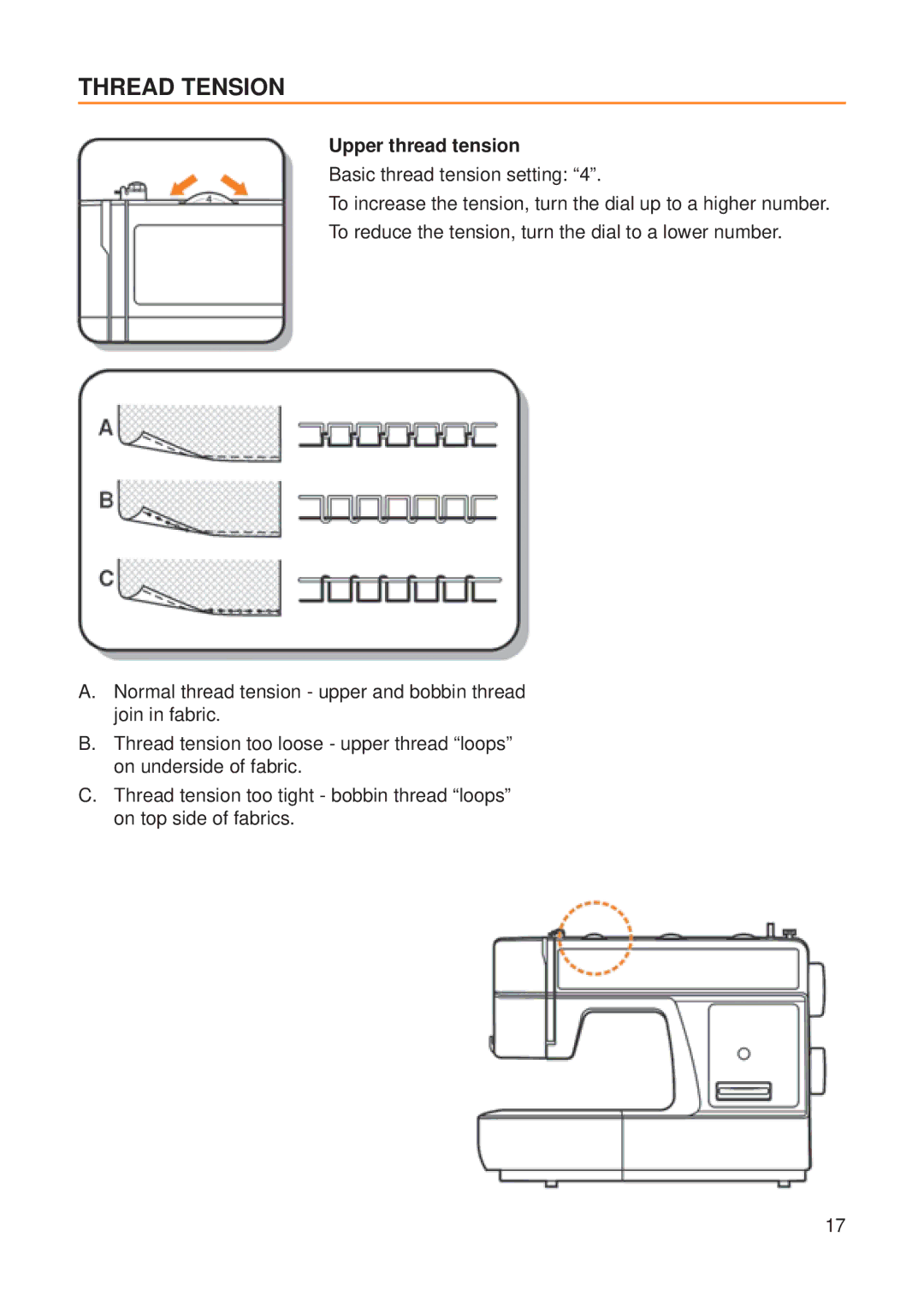 Husqvarna E20 manual Thread Tension, Upper thread tension 