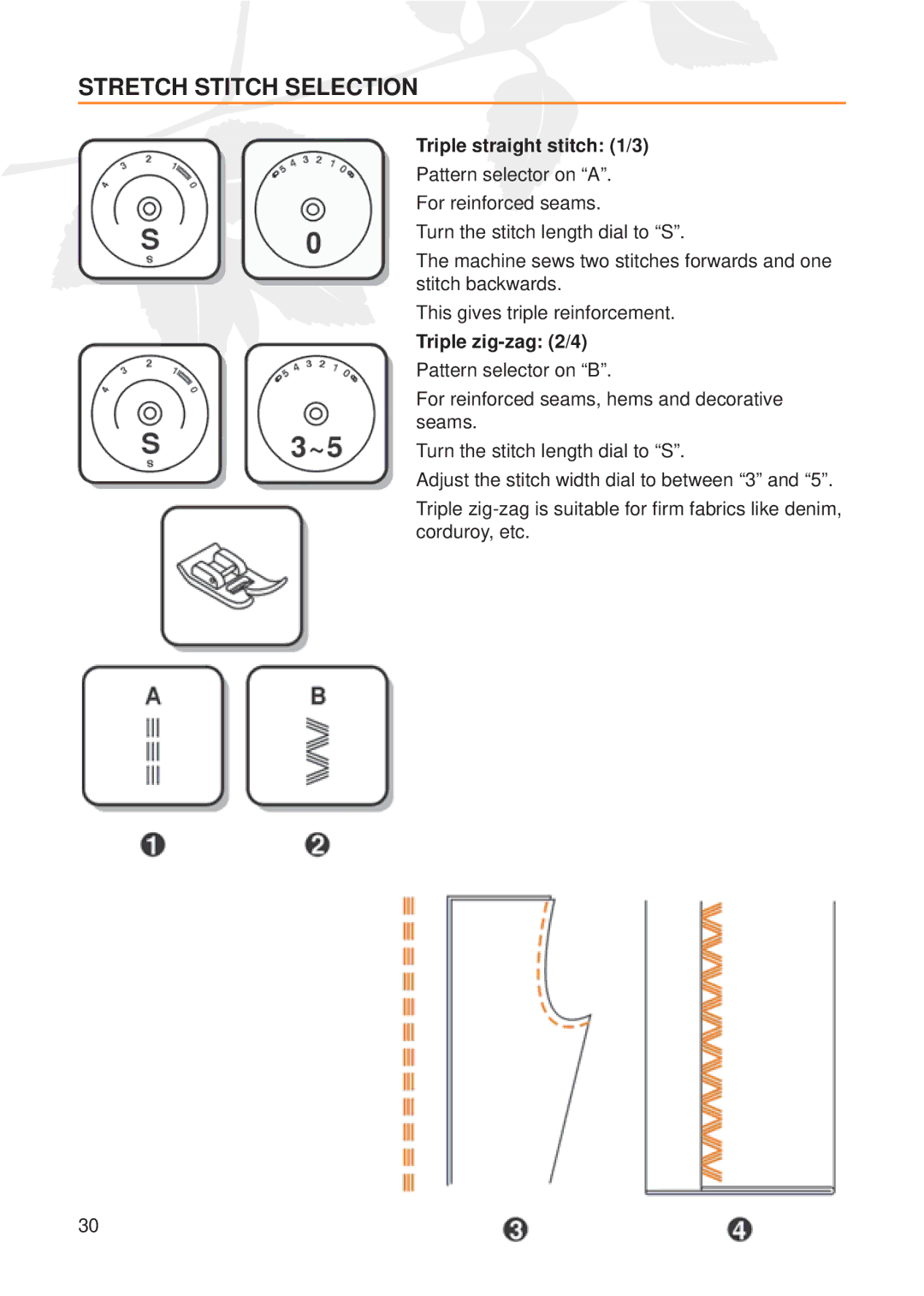 Husqvarna E20 manual Stretch Stitch Selection, Triple straight stitch 1/3, Triple zig-zag 2/4 