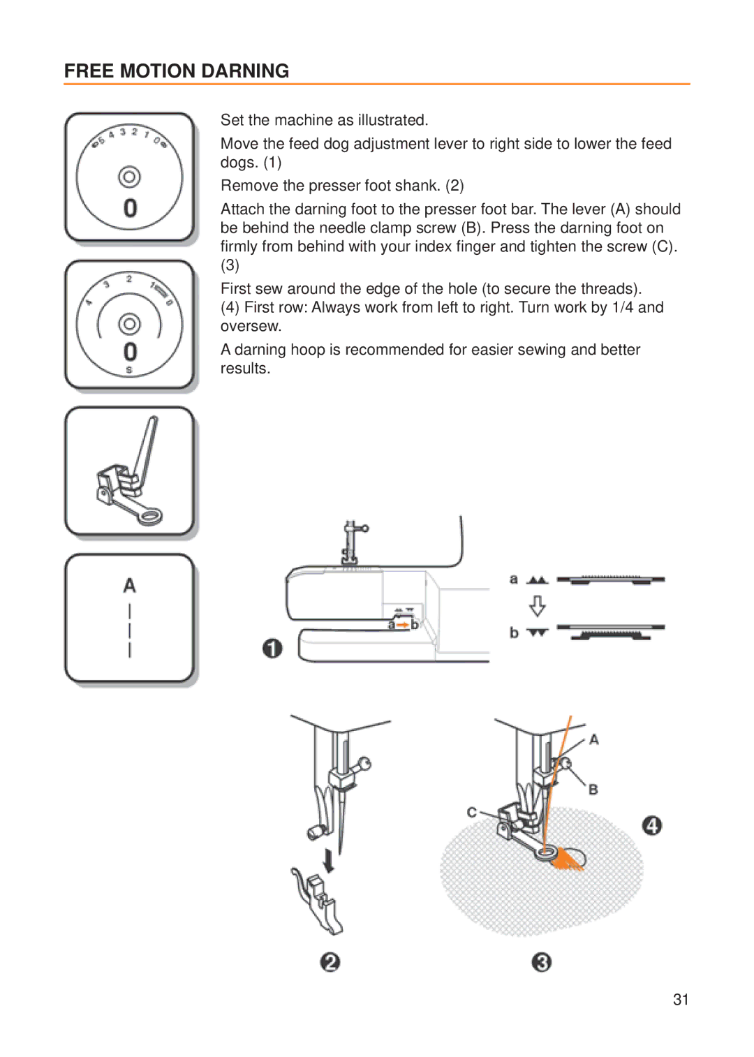 Husqvarna E20 manual Free Motion Darning 